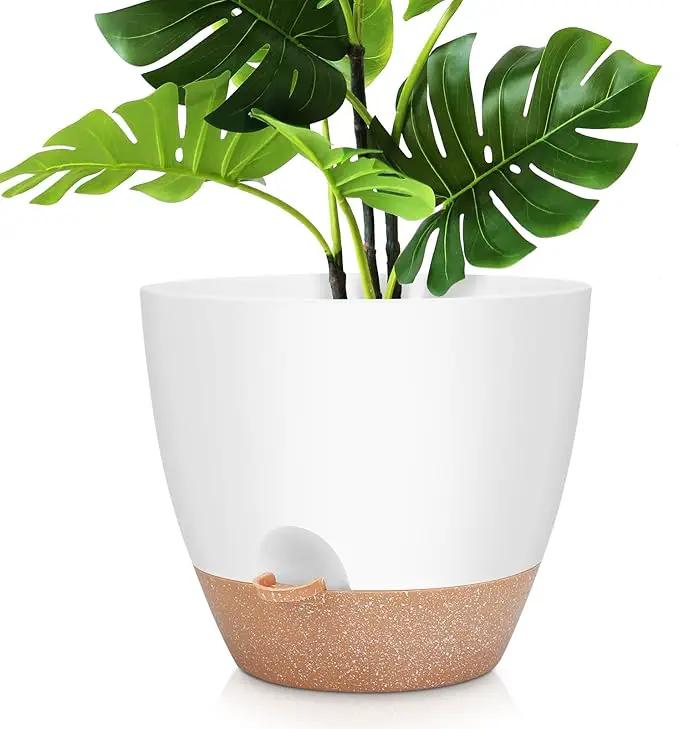 12 Inch Large Self Watering Plant Pot Set, Flower Pots with Multi-Mesh Drainage Holes and Saucer, Suitable for Indoor and Outdoor Garden Plants, White. by GreenHaven Gardens