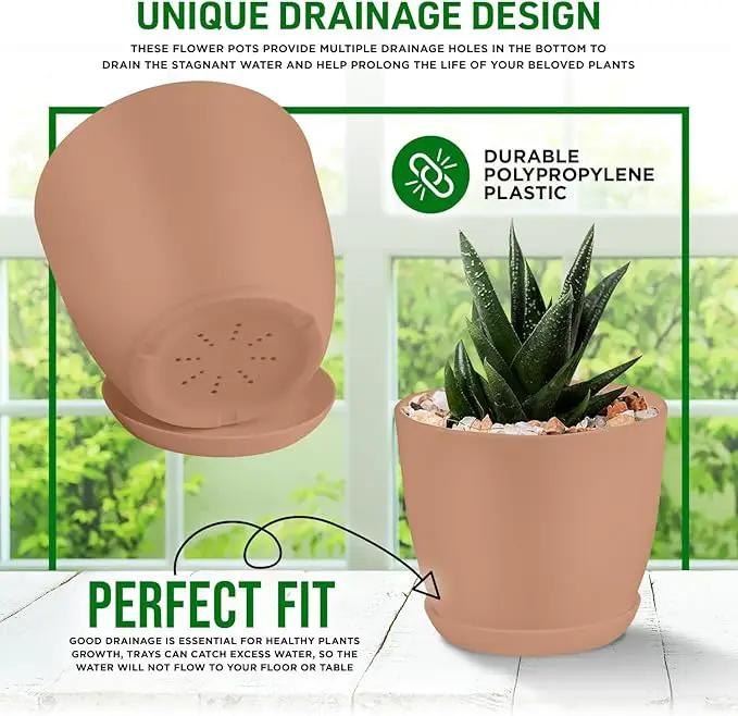 Planter Pots with Drainage Holes - Lightweight, Durable, and Space-Saving Pots for Indoor and Outdoor - Versatile Functionality, Simple Modern Design, Set of 5 Plastic Planter Pots - Pink by GreenHaven Gardens