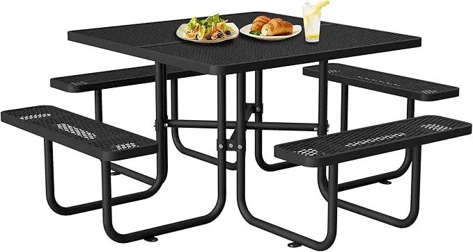 79'' Steel Square Picnic Table for Outdoors, Expanded, Lifetime Picnic Table with Umbrella Hole, Heavy Duty Sturdy Commercial Picnic Tables for Garden Courtyard BBQ, Black by GreenHaven Gardens