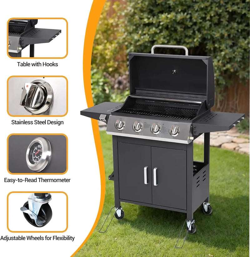 4 Burner Gas Grill with Side Burner, Stainless Steel Foldable Side Tables, 40,000 BTU, with Grease Tray, Easy Assembly for Patio, Backyard (Folding Version) by GreenHaven Gardens
