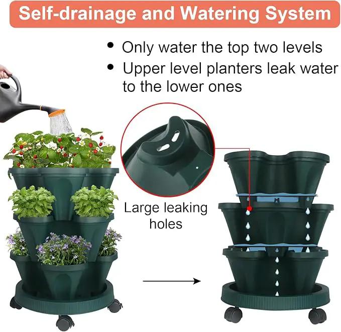 Vertical Planter 3 Tier Stackable Planters Garden Planters Strawberry Herb Flower and Vegetable Planter Indoor Outdoor Gardening Pots with Removable Wheels and Tools 2-Pack by GreenHaven Gardens