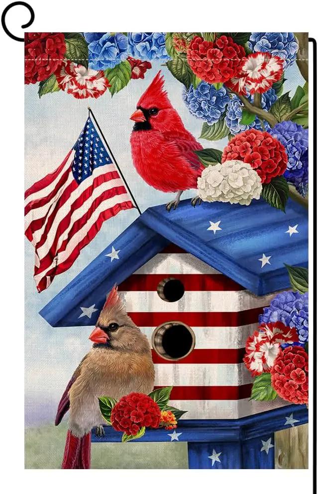 BLKWHT 4th of July Cardinal Bird Garden Flag 12x18 Vertical Double Sided Red Blue Floral Memorial Day Independence Day Holiday Outside Decorations Burlap Yard Flag BW824 by GreenHaven Gardens