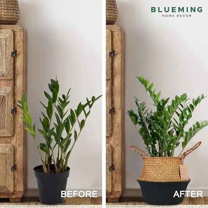 Basket Planter – Woven Seagrass Plant Pot for Tall Indoor Artificial Plants, Wicker Rattan Planters for Boho Decor 9-10 Inches (Black Bottom, Large) by GreenHaven Gardens