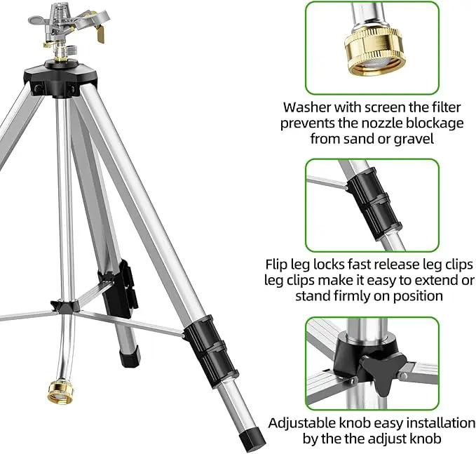 Brass Impact Sprinkler on Tripod Base, 50” Heavy Duty Metal Pulsating Telescoping Sprinkler, 360 Degree Irrigation for Large Area, Yard, Lawn, Waters up to 90ft, Covering up to 6360sqft by GreenHaven Gardens