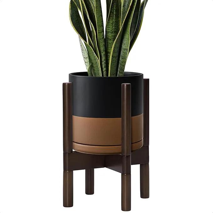 D'vine Dev Ceramic Planter with Walnut Color Stand - 8 Inch Modern Round Flower Pot with Wood Planter Holder, Black/Speckled Tan, 55-B-Y-7 by GreenHaven Gardens