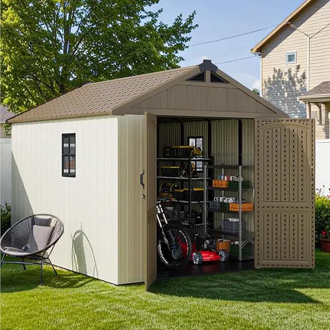 Patiowell 8 x 10 FT Resin Outdoor Storage Shed with Floor, Plastic Shed with Window and Lockable Door for Garden, Backyard, Tool Storage Use, Easy to Install in Brown (Kick-it Shed) by GreenHaven Gardens