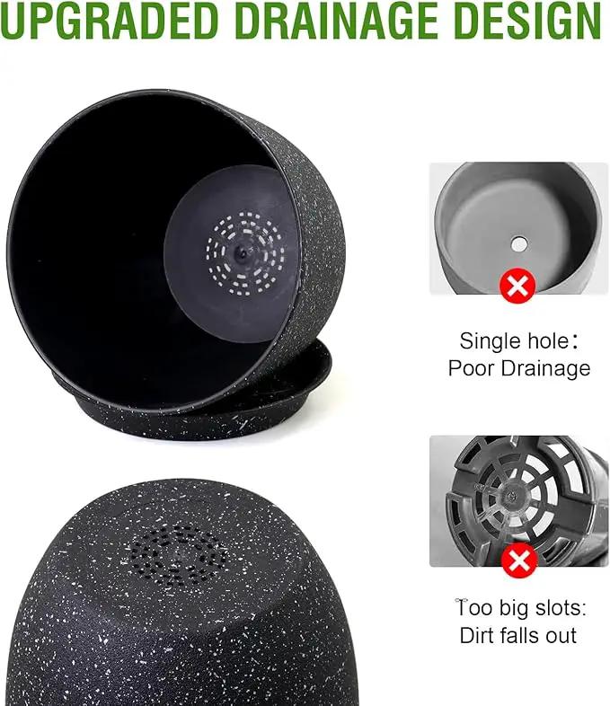 9/8/7.5 inch Plant Pots, Set of 3 Modern Decorative Plastic Planters with Drainage Holes and Saucer for Garden House Plants, Flower Pots for Indoor Outdoor Plants, Speckled Black by GreenHaven Gardens
