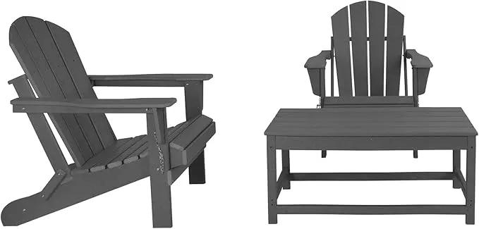 WO Home Furniture Adirondack Chairs Table Set of 3 PCS Outdoor Folding Chairs Coffee Table Weather/UV Resistant for Lawn, Garden, Bon Fire, Balcony (Gray) by GreenHaven Gardens