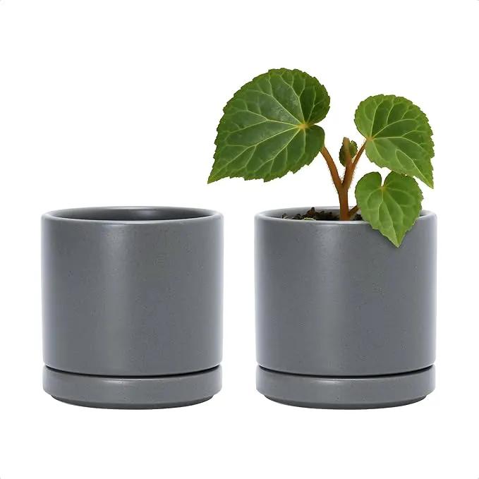 D'vine Dev Set of 2 Plants Pots, 3.5 Inch Ceramic Planter Pot for Plants with Drainage Hole and Saucer, Speckled Grey, 94-V-A-3 by GreenHaven Gardens