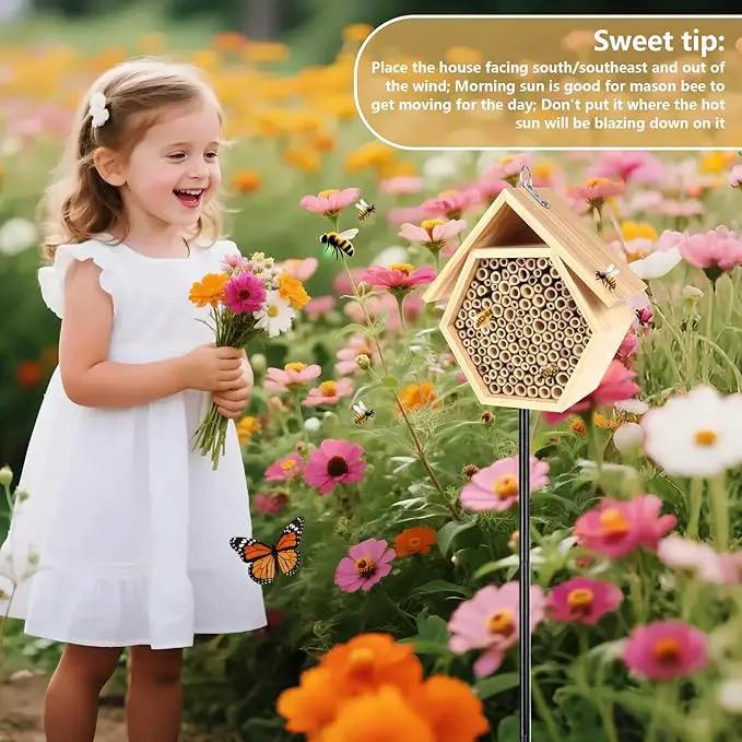 Mason Bee House for Garden, Natural Wooden Bee Habitat with Metal Ground Stake, Attracts Pollinators, Improve Garden Productivity, Outdoor Decoration