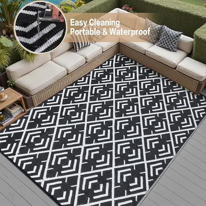 RV Outdoor Rug Waterproof Mat Outdoor Rugs 9'x12' for Patios Clearance Carpet Outdoor Camping Rugs Large Plastic Straw Rug(8x10ft Geometric Black&White) by GreenHaven Gardens
