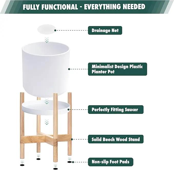 D'vine Dev Planter Pot with Stand - 10 Inch Plastic Cylinder Flower Pot with Wood Planter Holder for Indoor, Matte White Pot + Natural Stand, 55-C-M-1 by GreenHaven Gardens