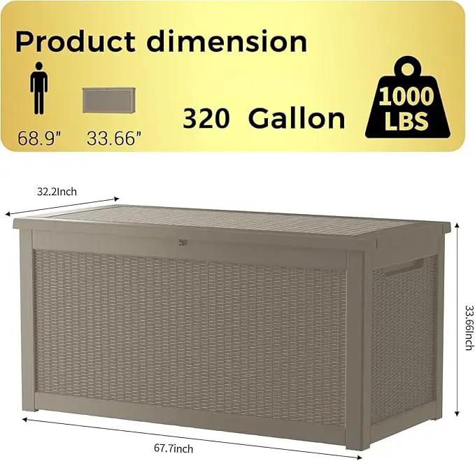 320 Gallon Outdoor Storage Box Patio Deck Box Waterproof, Resin Lockable Outside Large Storage Bin for Pool Cushion Furniture, Garden Tools UV-Resistant, Grey by GreenHaven Gardens