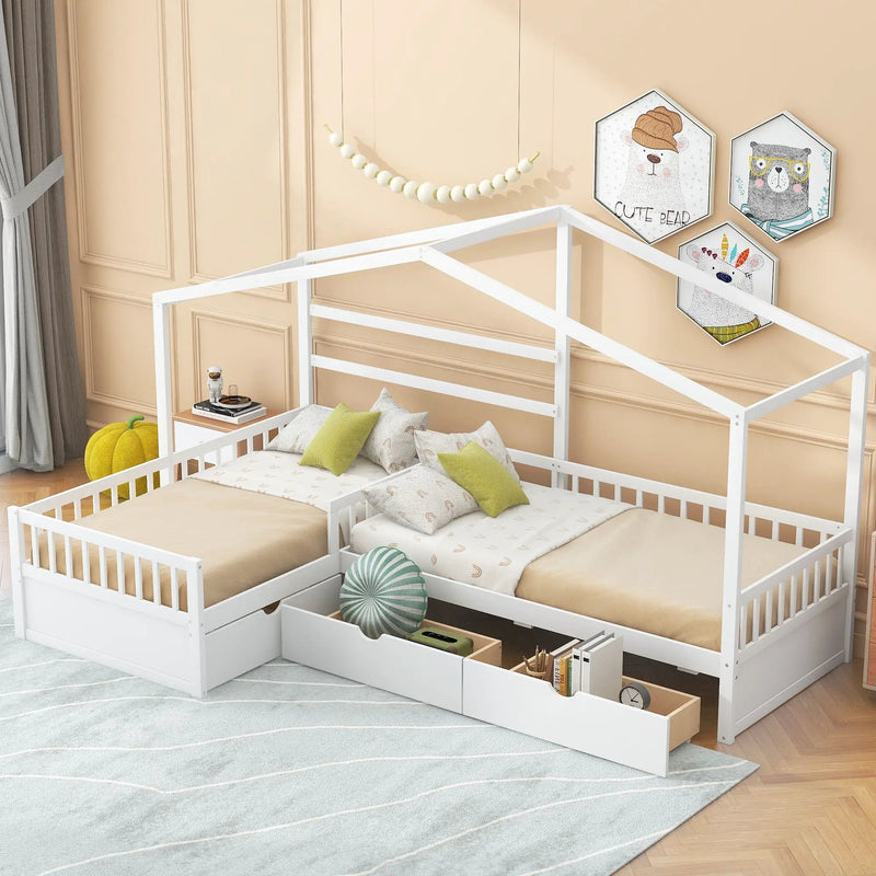 L Shape Platform Bed With 3 Storage Drawers