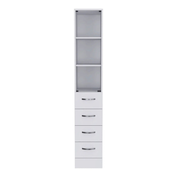 Linen Cabinet, 3 Shelves, 4 Drawers And Metal Handles - White