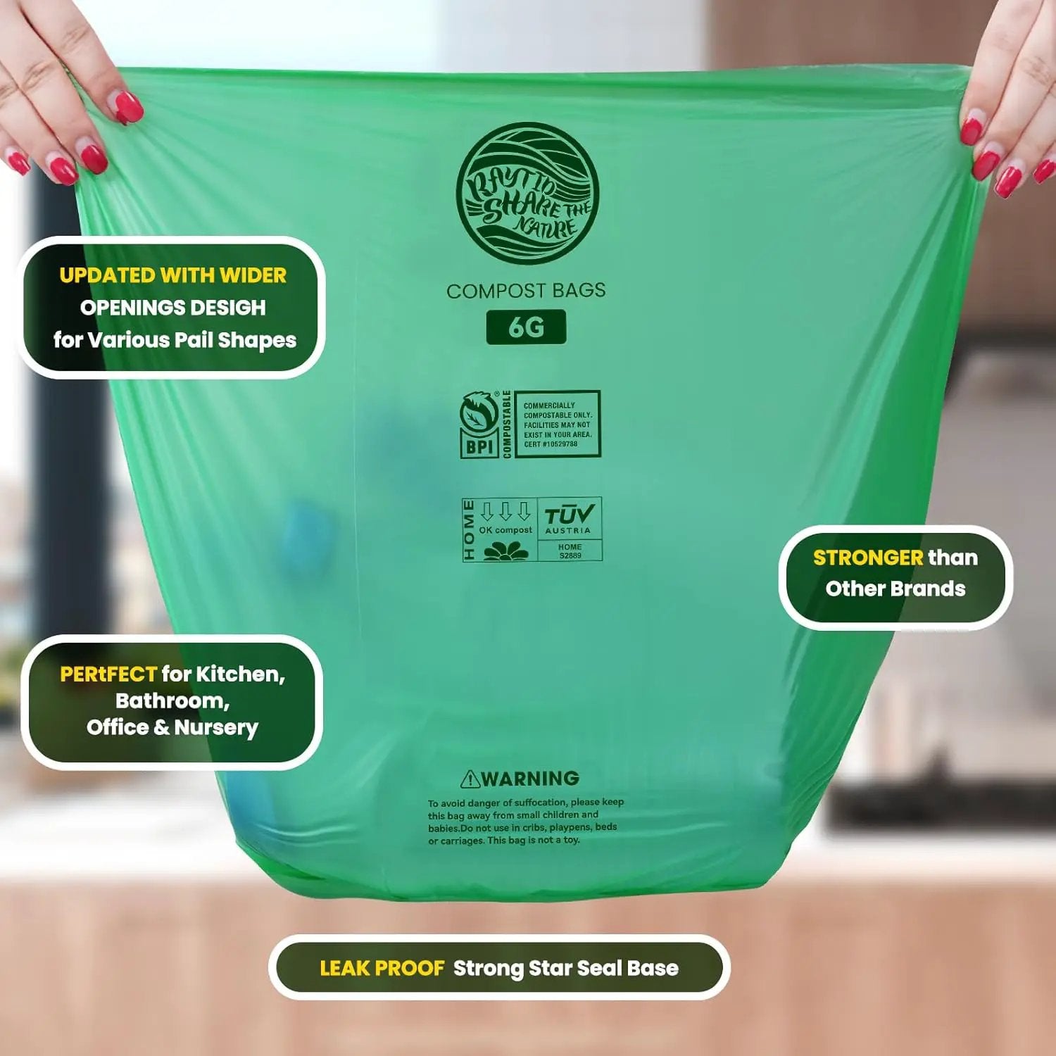 Compostable Bags, 6 Gallon Food Scraps Yard Waste Bags,Fits 5-6-8 Gallon trash can, 30 Liter, 70Count, Heavy Duty 0.85 Mils, ASTMD 6400 Kitchen Trash Bags, BPI&OK compost HOME certified by GreenHaven Gardens