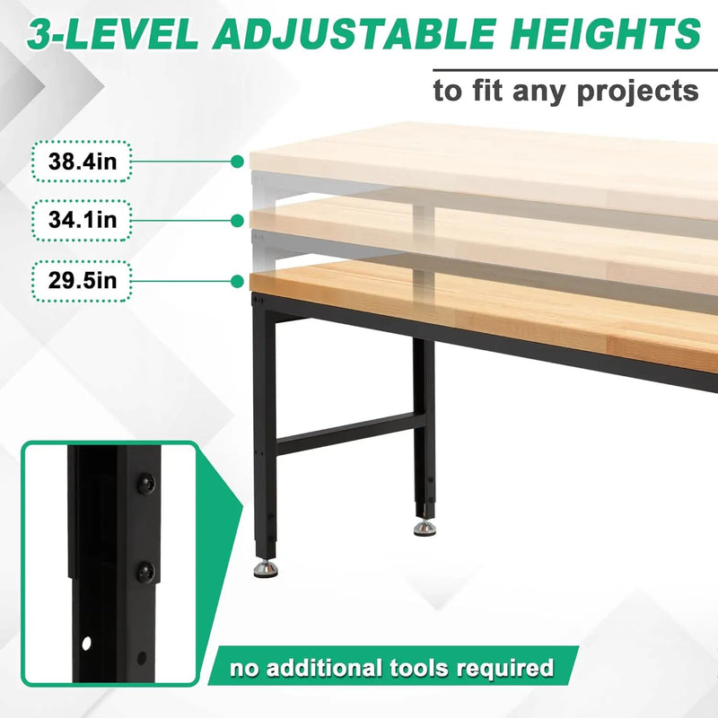 HABUTWAY Height Adjustable Workbench, 60"x20" 2000 Lbs Capacity Solid Wood Work Station Heavy-Duty, with Power Outlets, for Garage Party Shop Office by GreenHaven Gardens
