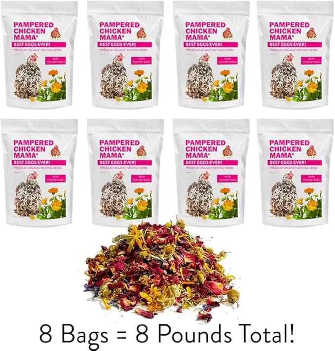 Pampered Chicken Mama Best Eggs Ever! Nesting Herbs for Chickens (8 Pounds Total) for Chicken Nesting Boxes Calcium Supplement for Chickens | Chicken Feed Supplies, Hen Treats for Coops (8 Bags) by GreenHaven Gardens