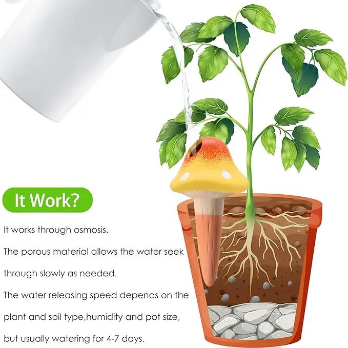 4 Pack Terracotta Watering Spikes, Vacation Self-Watering Planters Devices, Continuous Moisture with Slow Release Watering System Mushroom Shape by GreenHaven Gardens