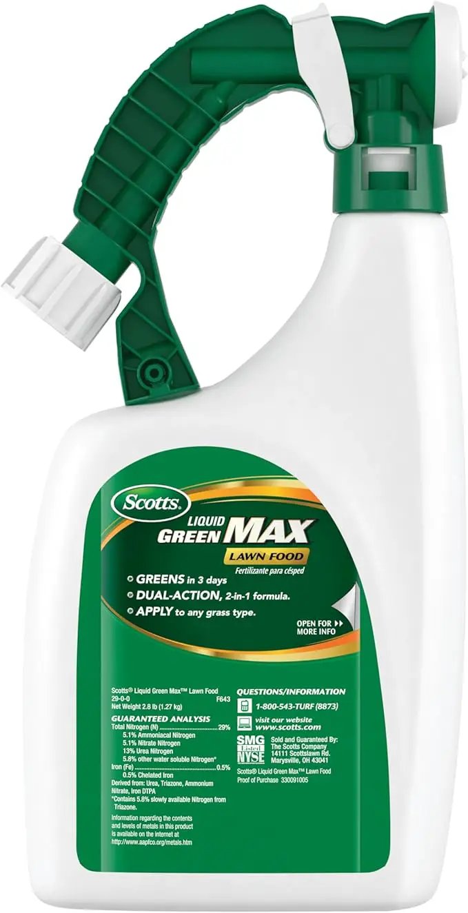 Scotts Liquid Green Max Lawn Food: 2,000 sq. ft., 2-in-1 Fertilizer and Iron Supplement, Use on Any Grass Type, 32 oz. by GreenHaven Gardens