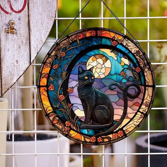 Black Cat Stained Glass Window Hangings,Suncatcher Stained Glass for Windows for Cat Lovers,20cm/7.87inch Hand-Painted Sun Catcher Garden Hangings Halloween Fall Christmas Decor for Home by GreenHaven Gardens