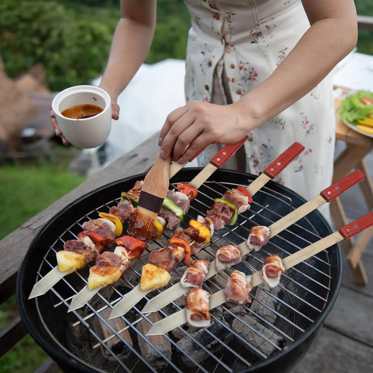 Zhehao 16 Pcs Heavy Duty Kabob Skewers 1 Inch Wide 2 mm Thin Kabob BBQ Stainless Steel Metal Skewers for Grilling with Wooden Handles, Silver(23 Inch Long) by GreenHaven Gardens