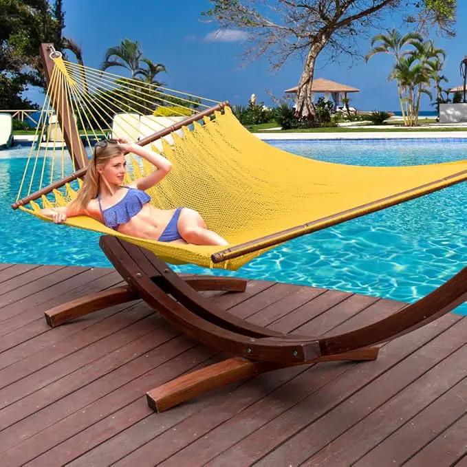 Lazy Daze Hammocks 10.5 FT Double 2 Person Caribbean Rope Hammock, Hand Woven Polyester Hammock with Spreader Bars, for Outside Outdoor Backyard Patio Poolside,450 LBS Capacity, Yellow by GreenHaven Gardens