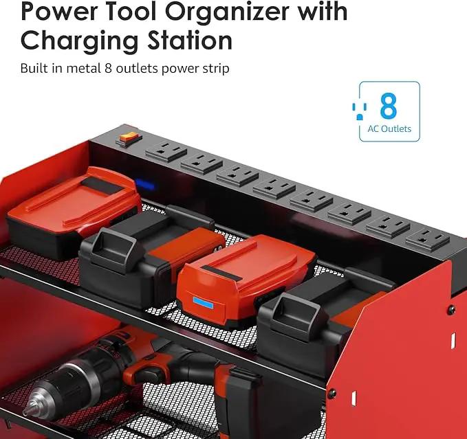 CCCEI Modular Power Tool Organizer Wall Mount with Charging Station. Garage 4 Drill Storage Shelf with Hooks, Screwdriver, Drill Bit Heavy Duty Rack, Tool Battery Holder Built in 8 Outlet Power Strip. by GreenHaven Gardens