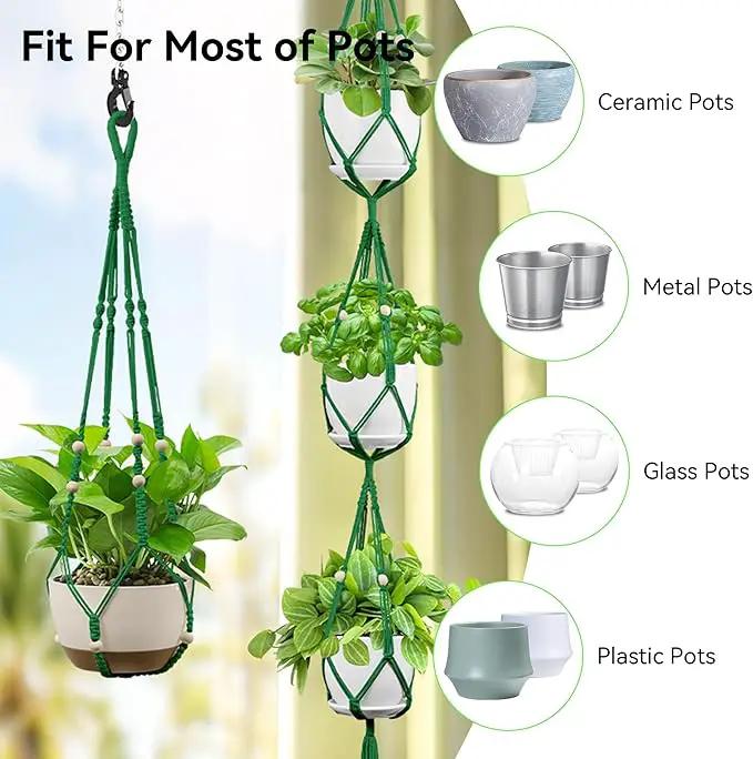 USLAI Macrame Plant Hanger Indoor Outdoor, Up to 4-15 inch Pot, Heavy 20lb Planters, Extra Long Strong Hanging Planter Basket Holder, Boho Home Decor, 35+72 Inch, Green (POTS NOT Included) by GreenHaven Gardens