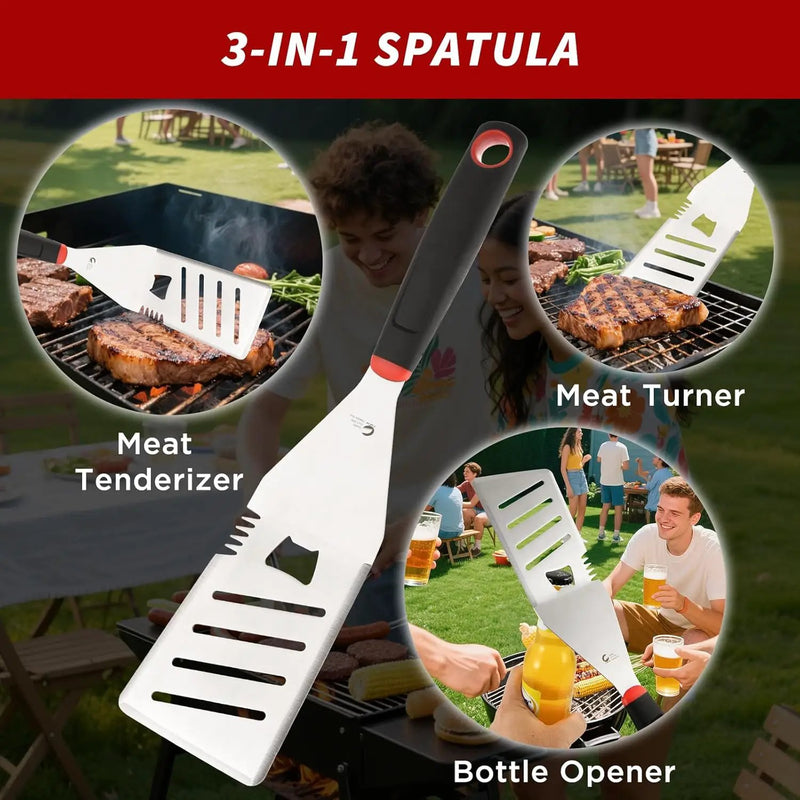 BBQ Tools Set, Heavy Duty Stainless Steel Spatula, Fork & Tongs with Portable Bag, Essential Accessories for Barbecue Outdoor Grill, Grilling Gifts for Men Dad Camp Chef by GreenHaven Gardens