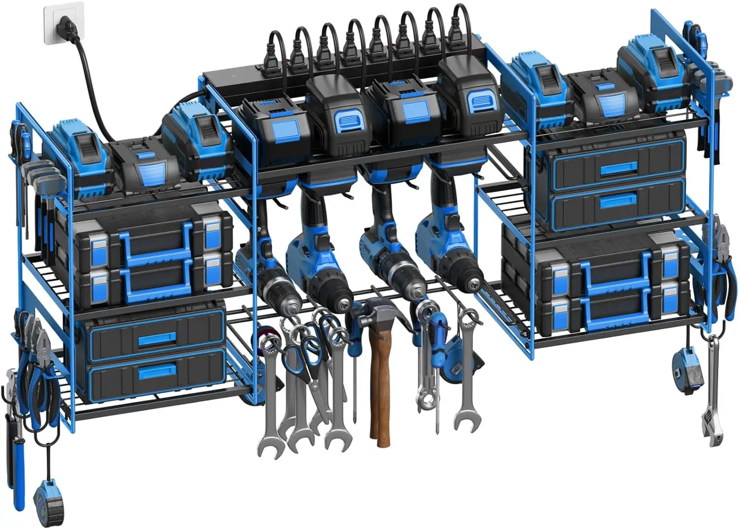 CCCEI Blue Power Tool Organizer Wall Mount, Large Tools and Battery Storage Rack Charging Station Individual Switches. Drills Holder, Garage Utility Shelves with 6FT Power Strip. Gift for Men. by GreenHaven Gardens