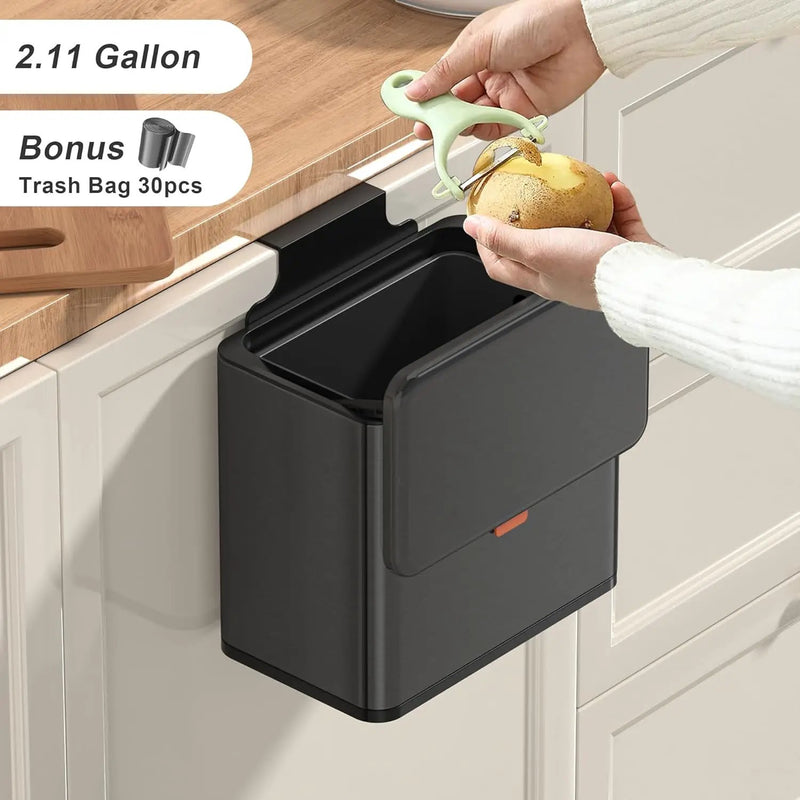 Mbillion Kitchen Compost Bin Hanging Trash Can with Lid 1.05 Gallon Stainless Steel Garbage Can for Kitchen Cabinet Door Mounted Trash Can Under Sink Door RV Bathroom,Brushed Black by GreenHaven Gardens
