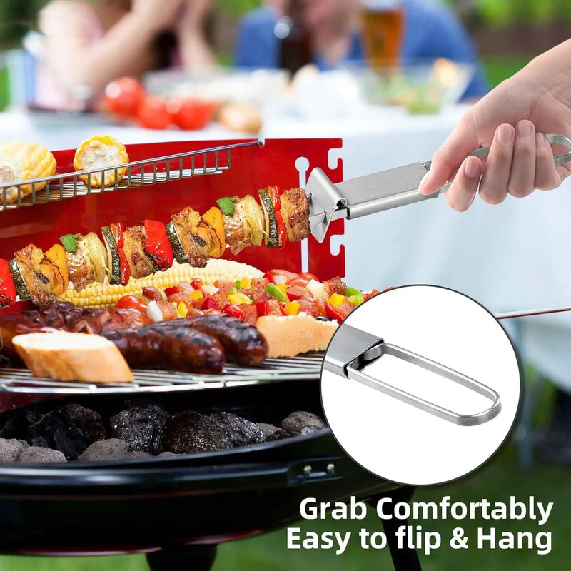 Skewers for Grilling- 17 inch (6 Pack) Double Pronged Flat Stainless Steel BBQ Skewer with Push Bar- Kabob Skewers Skewer Sticks for Camping or family - Reusable, BBQ Accessories by GreenHaven Gardens