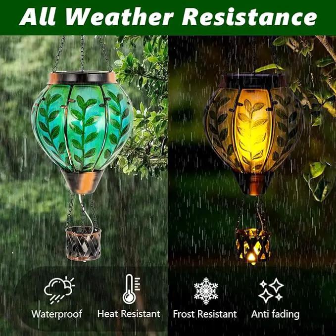 Green Leaf Hot Air Balloon Solar Lantern with Flickering Flame Light,Glass Hanging Solar Lanterns Outdoor Waterproof Hot Air Balloon Decor for Patio Party Yard Tree,Garden Gifts for Women Mom by GreenHaven Gardens