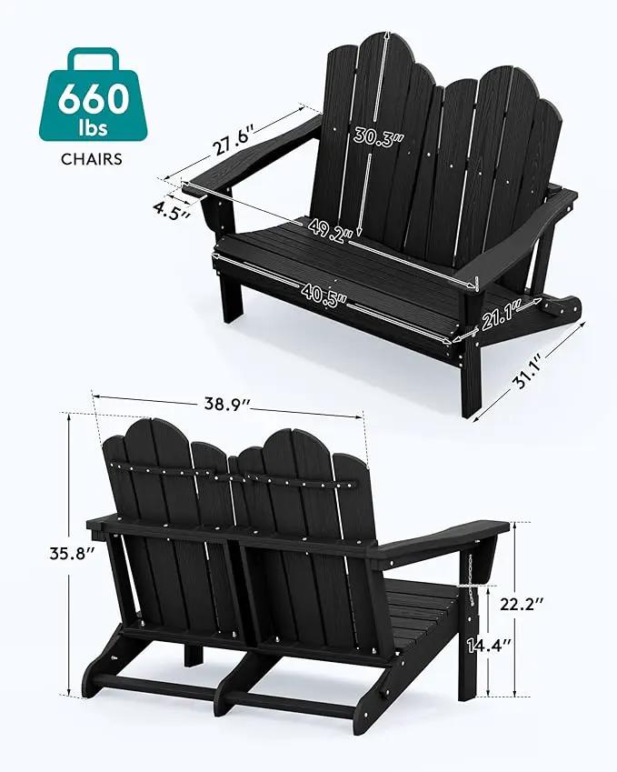 SERWALL Folding Adirondack Bench, HDPE All-Weather Adirondack Loveseat, 660 lbs Capacity, Foldable Outdoor Patio Bench for Deck, Lawn, Garden, Black by GreenHaven Gardens