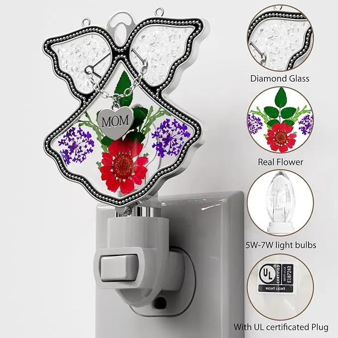 KY&BOSAM Night Light Mom Stained Glass Angel Night Lights Plug Into Wall with Real Flower in Glass and Metal Charm Night Light for Nursery Bedroom Bathroom Decorative Accent Lite Elegant Home Decor by GreenHaven Gardens
