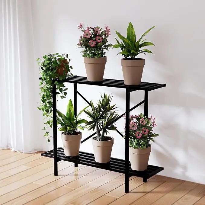 Zhongma 2 Tier Metal Sturdy Heavy Plant Stand, Narrow Plant Stand Indoor and Outdoor, L35.43 x W10.3 x H27.5 inch, 440 LBS Capacity & Heavy Duty Construction by GreenHaven Gardens