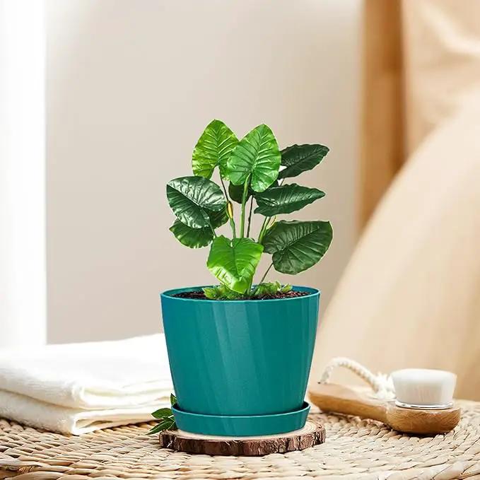 6 Inch Plant Pots Bulk, 6 Pack Plastic Planters with Drainage Holes and Saucers for Indoor Outdoor House Plants and Flowers, Green by GreenHaven Gardens