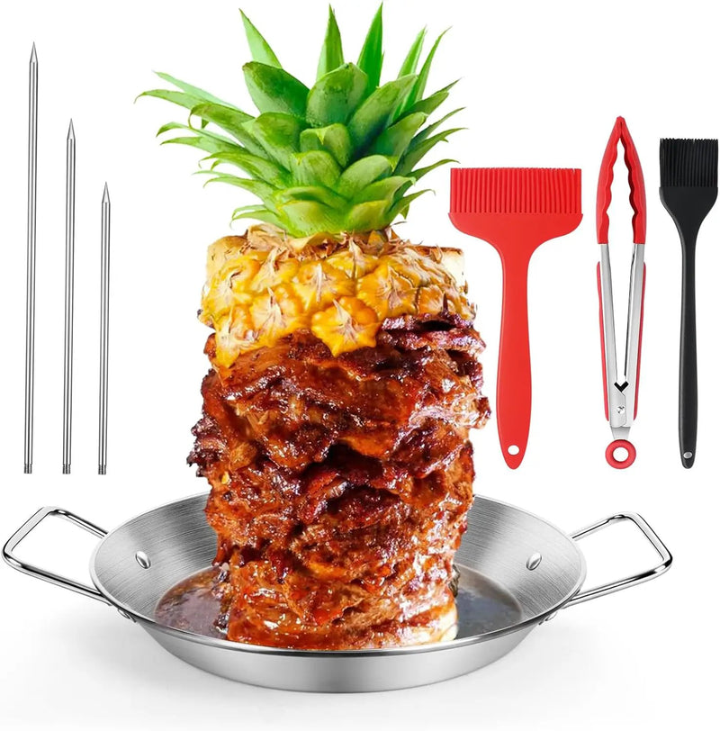 Stainless Steel Al Pastor Skewer & Gyro Pan for Grill – BBQ Vertical Skewer Pan Set with 3 Removable Spikes (8”/10”/12”), Brushes & Tongs, Brazilian Spit Stand for Tacos, Shawarma, Kebabs, Oven by GreenHaven Gardens