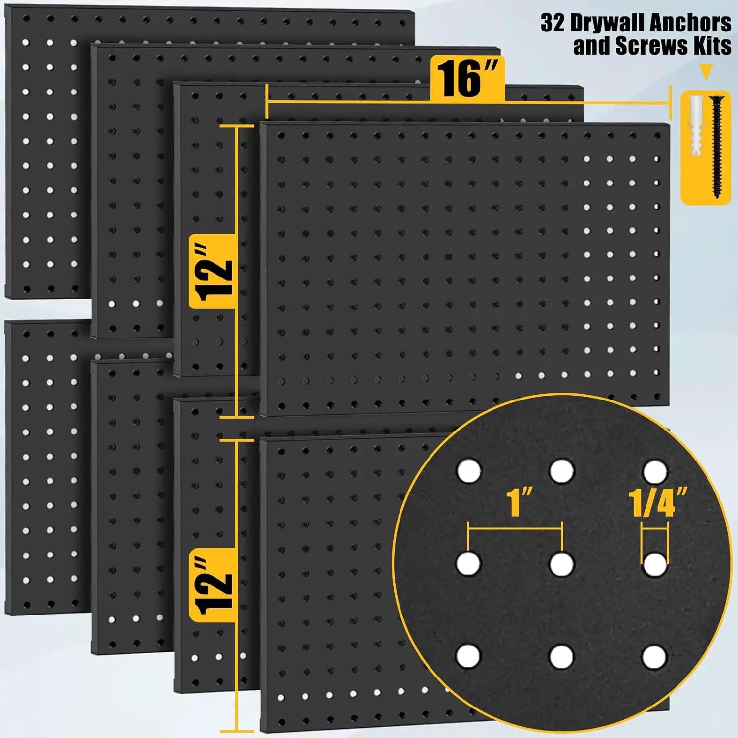 8 Pcs Metal Pegboard Panels, Heavy Duty Peg Boards for Garage and Garden Tool Storage, Includes Drywall Anchors and Screws Kits, Black (8 pcs 16in x 12in) by GreenHaven Gardens