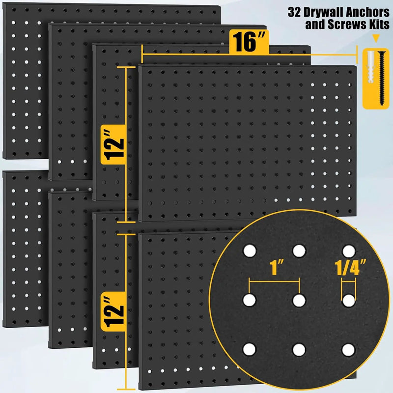 8 Pcs Metal Pegboard Panels, Heavy Duty Peg Boards for Garage and Garden Tool Storage, Includes Drywall Anchors and Screws Kits, Black (8 pcs 16in x 12in) by GreenHaven Gardens