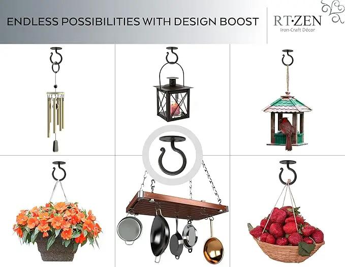 RTZEN Plant Hangers Outdoor or Indoor - Wrought Iron Metal Hanger Indoor Hook - Heavy Duty Wall Bracket Hooks for Hanging Plants Baskets Lanterns Wind Chimes - 2 Pack (Black Ceiling Hooks) by GreenHaven Gardens