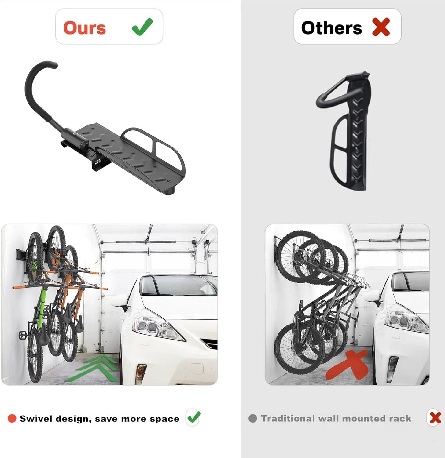 TORACK Wall-mounted Swivel Bike Rack, Garage Vertical Bike Storage Hangers for 5 Bikes Rotating Bike Storage Hooks by GreenHaven Gardens