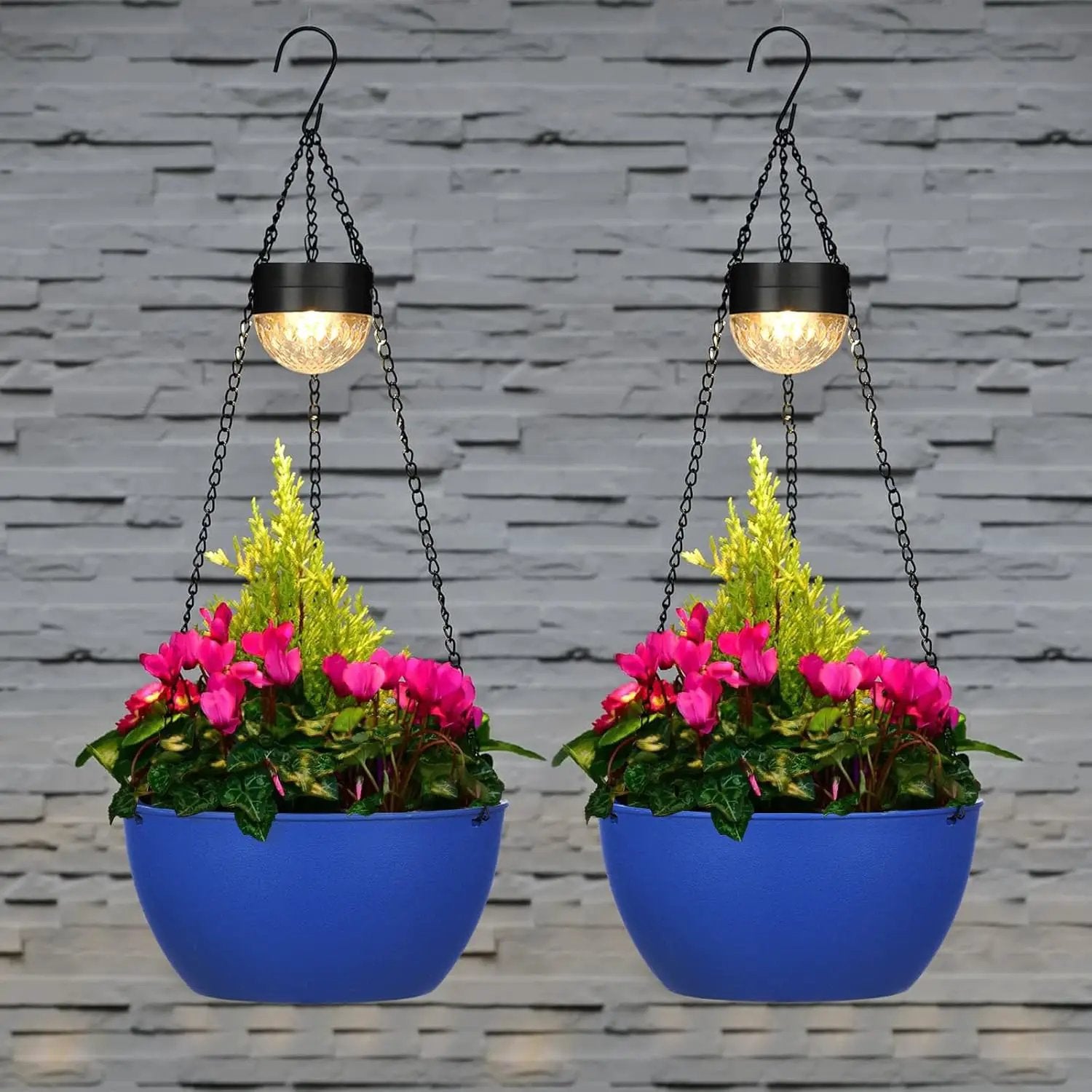 2 Packs Solar Hanging Basket Planters for Plants Outdoor, Self Watering Blue Flower Plants Pots with Solar Light Drainer for Balcony Patio Garden Outdoor Decoration by GreenHaven Gardens