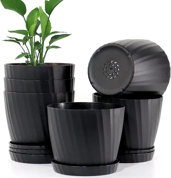 7 Inch Plant Pots Bulk, 6 Pack Plastic Planters with Drainage Holes and Saucers for Indoor Outdoor House Plants and Flowers, Black by GreenHaven Gardens