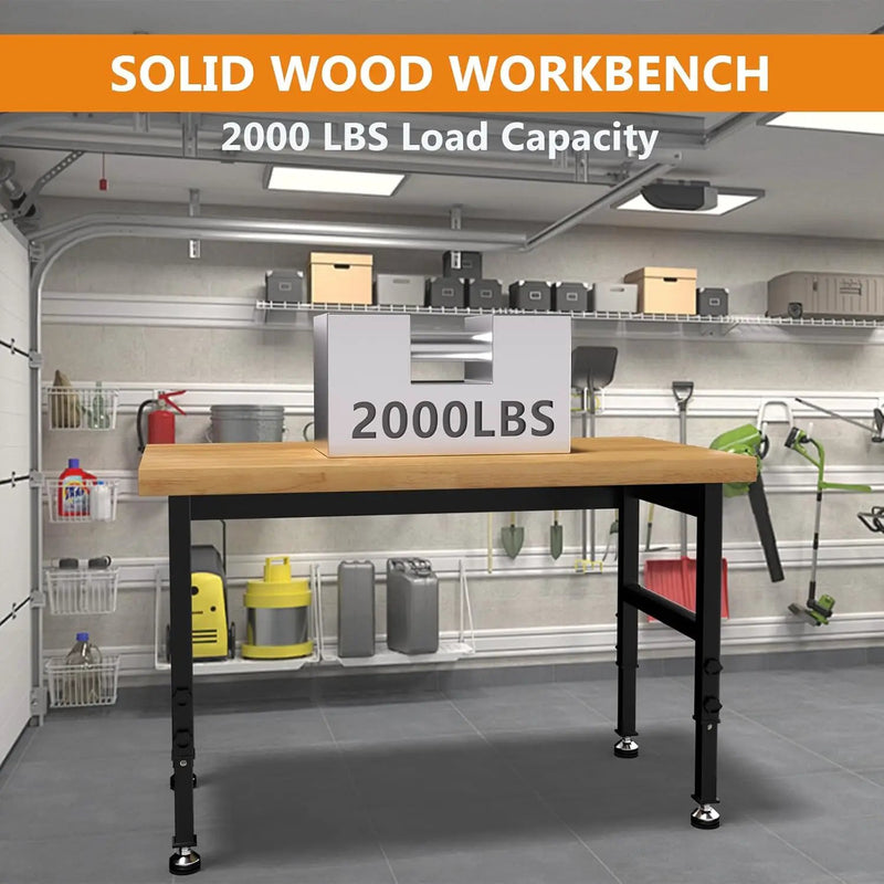48" Work Bench, Adjustable Height Workbench with Rubber Pad, Heavy-Duty Solid Wood Work Table with Power Outlets, 2000 LBS Capacity Workstation for Garage, Workshop, Office, Home by GreenHaven Gardens