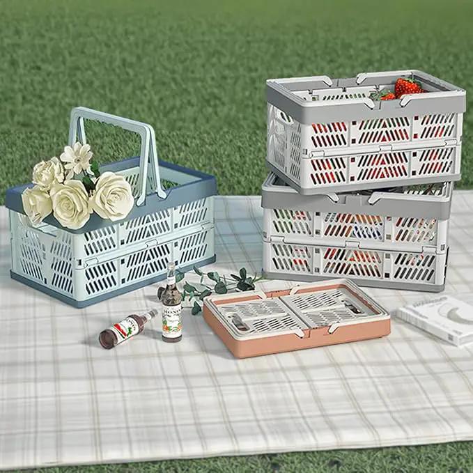Plastic Storage Crate - 20L Collapsible Crate Stacking Folding Storage Basket - Sky Blue & Gray Blue M by GreenHaven Gardens