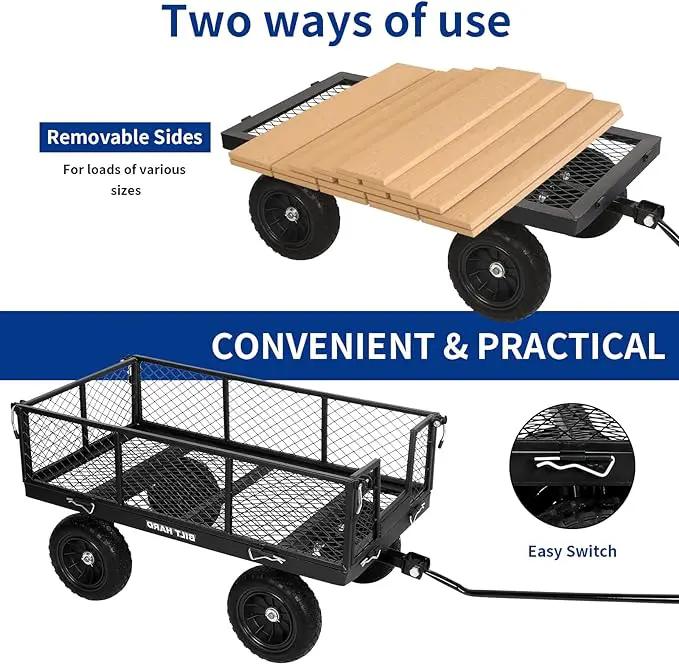 BILT HARD 880 lbs 10" Flat Free Tires Steel Garden Cart with 180° Rotating Handle and Removable Sides, Heavy Duty 4 Cu.Ft Capacity Utility Garden Carts and Wagons, Black by GreenHaven Gardens