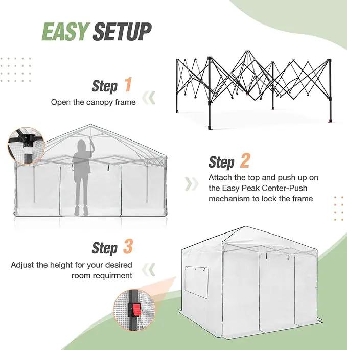 EAGLE PEAK 10x10 Portable Walk-in Greenhouse, Pop-up Indoor Outdoor Garden Green House, Zippered Doors and Windows, PE Cover, White by GreenHaven Gardens