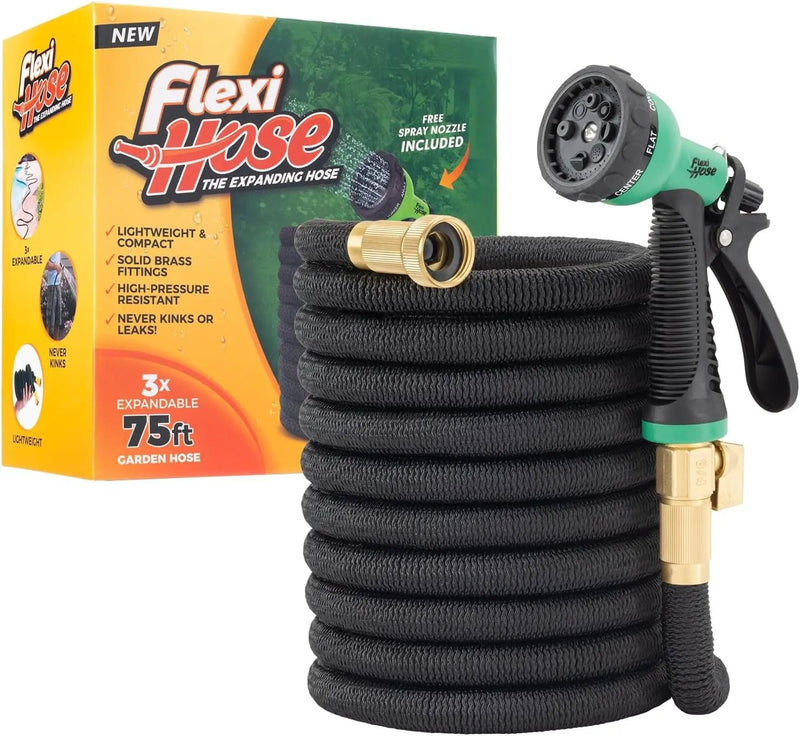 Flexi Hose with 8 Function Nozzle, 75FT - Lightweight Expandable Garden Hose, No-Kink Flexibility, 3/4 Inch Solid Brass Fittings and Double Latex Core by GreenHaven Gardens
